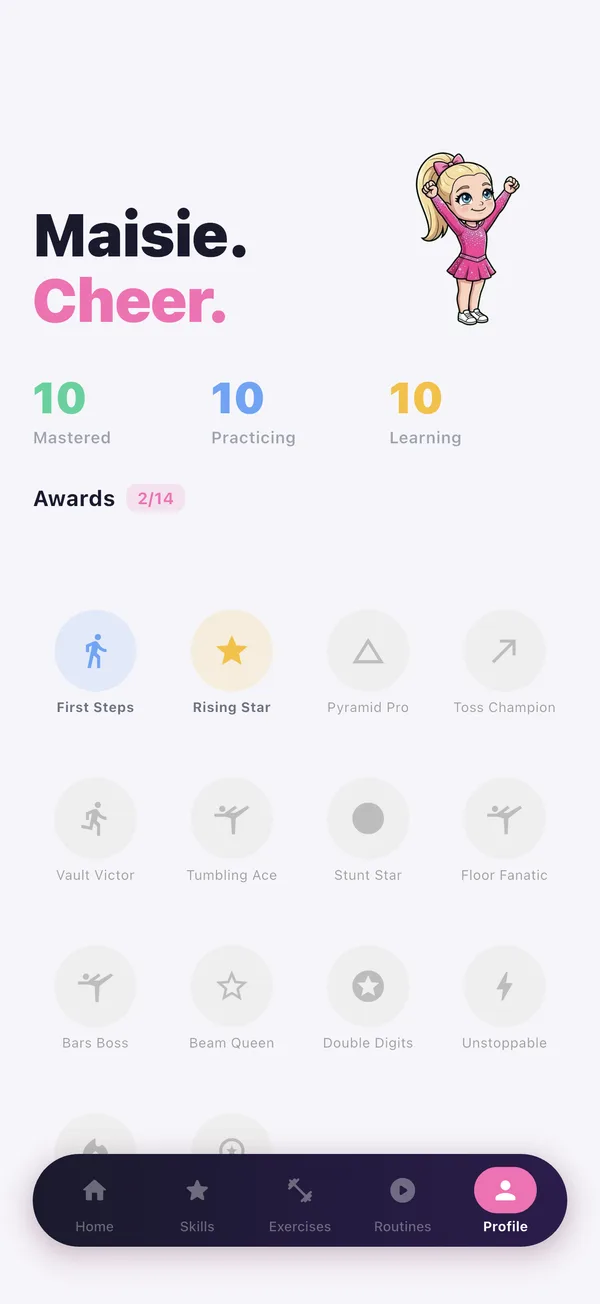 CheerFit athlete profile showing mastered skills and awards