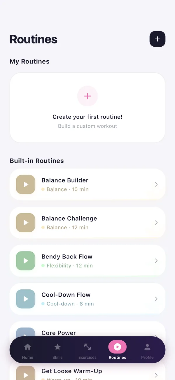 CheerFit routine library with built-in and custom workouts