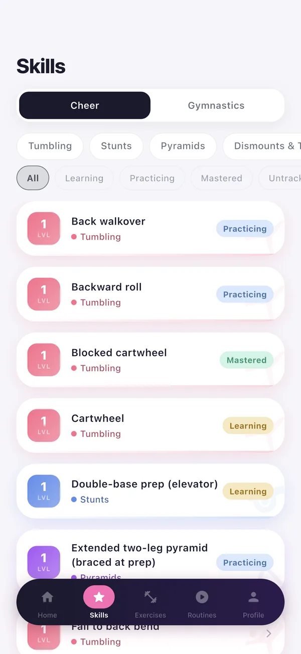 CheerFit cheer skill browser showing levels and progress states