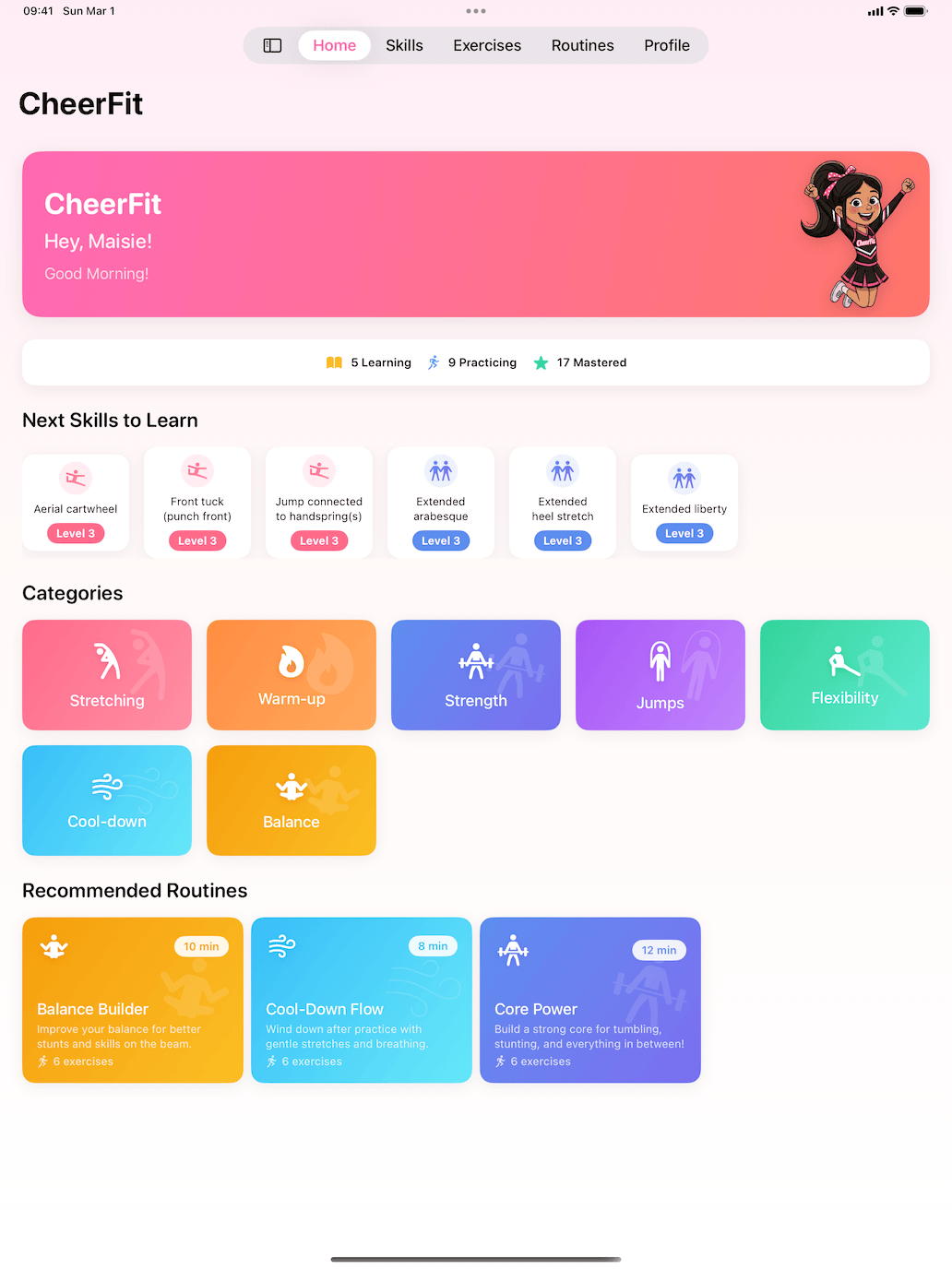 CheerFit home dashboard on iPad with workout cards and progress overview