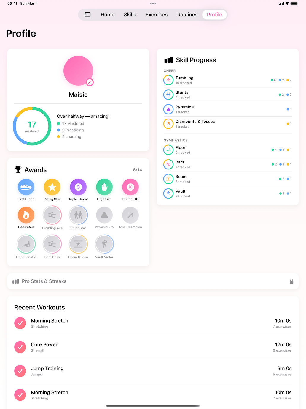 CheerFit athlete profile on iPad showing skill progress and achievements