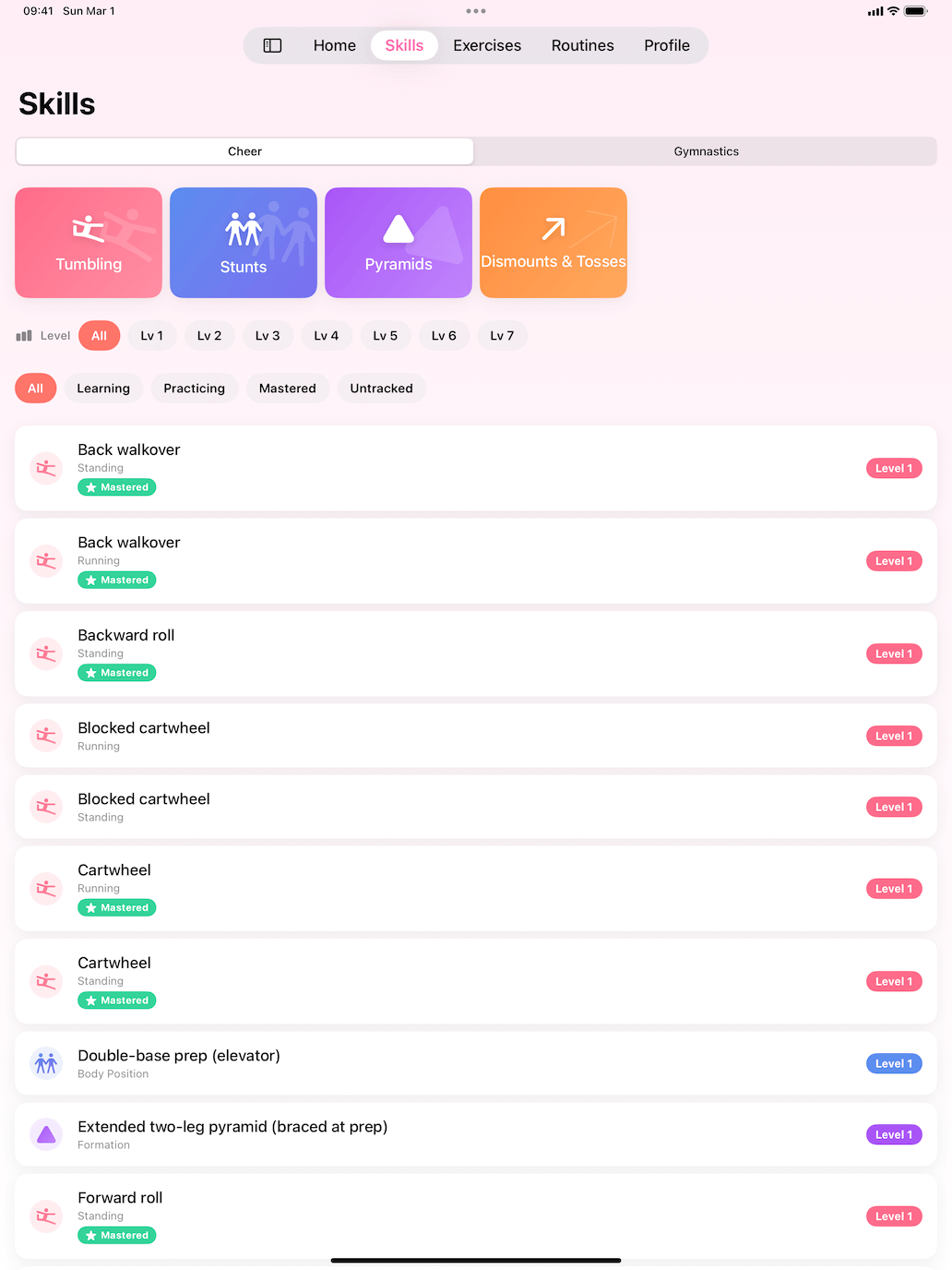 CheerFit cheer skills browser on iPad with tumbling and stunts levels