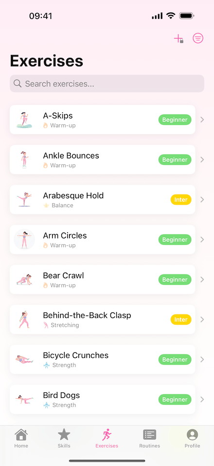 CheerFit exercise list on iPhone with stretching and strength categories