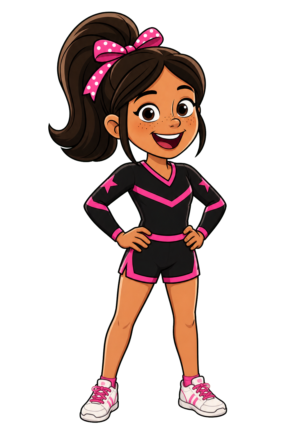Maisie, the CheerFit mascot, standing with her hands on her hips