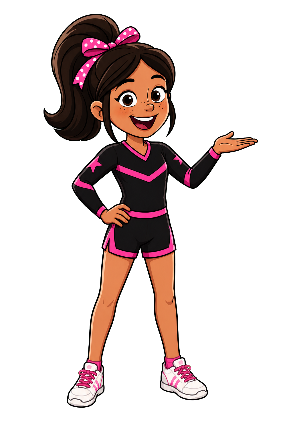 Maisie, the CheerFit mascot, presenting with one hand